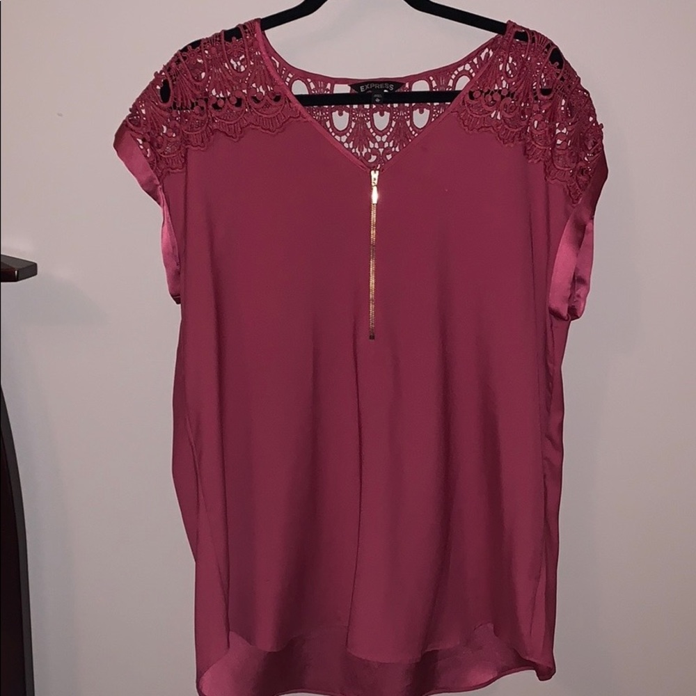 Express Pink Lace Shoulder Zip up Blouse
